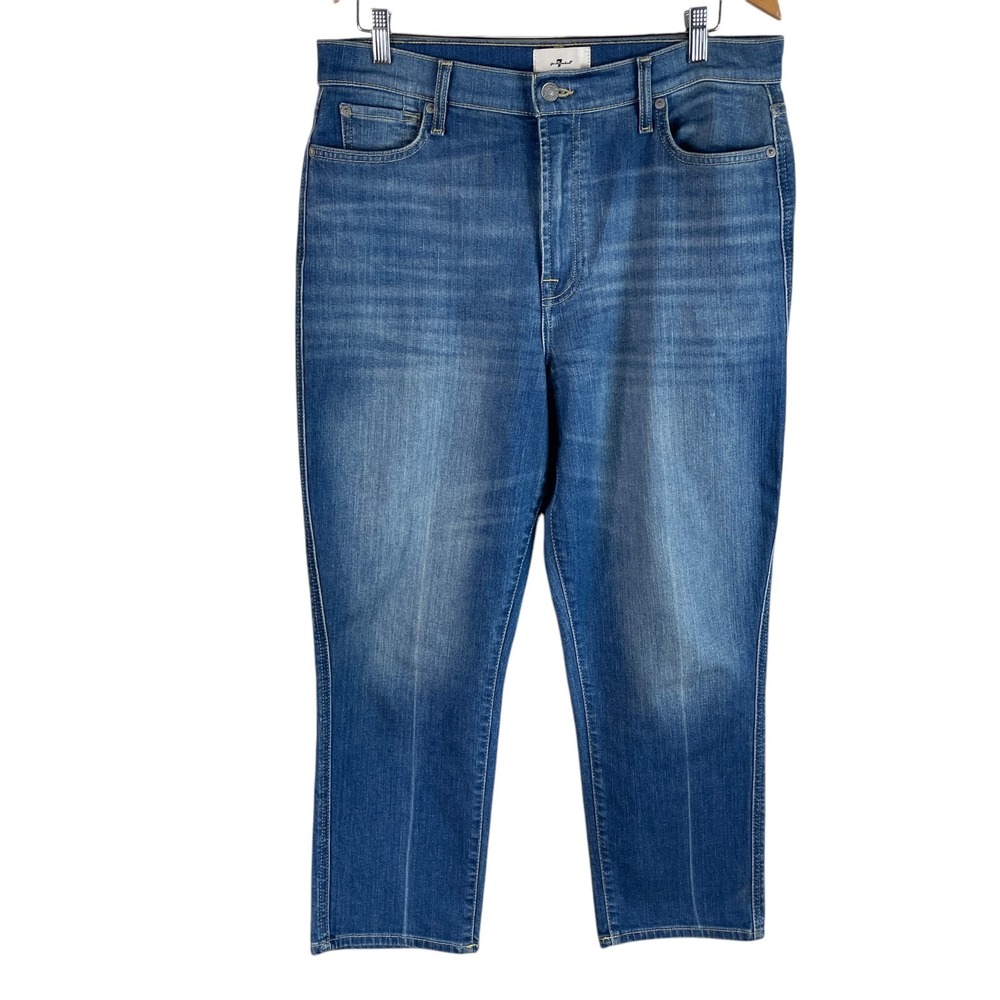 7 For All Mankind High Waist Cropped Straight Jeans Size 31 Blue Stretch Denim
